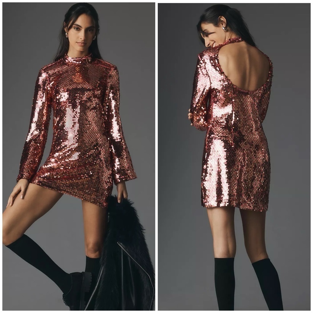 Maeve Anthropologie Long Sleeve Mock-Neck Sequin Mini Dress in Pink Size Small